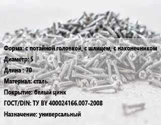Шуруп с потайной головкой, с шлицем, с наконечником 5х70 сталь белый цинк ГОСТ: ТУ BY 400024166.007-2008 универсальный